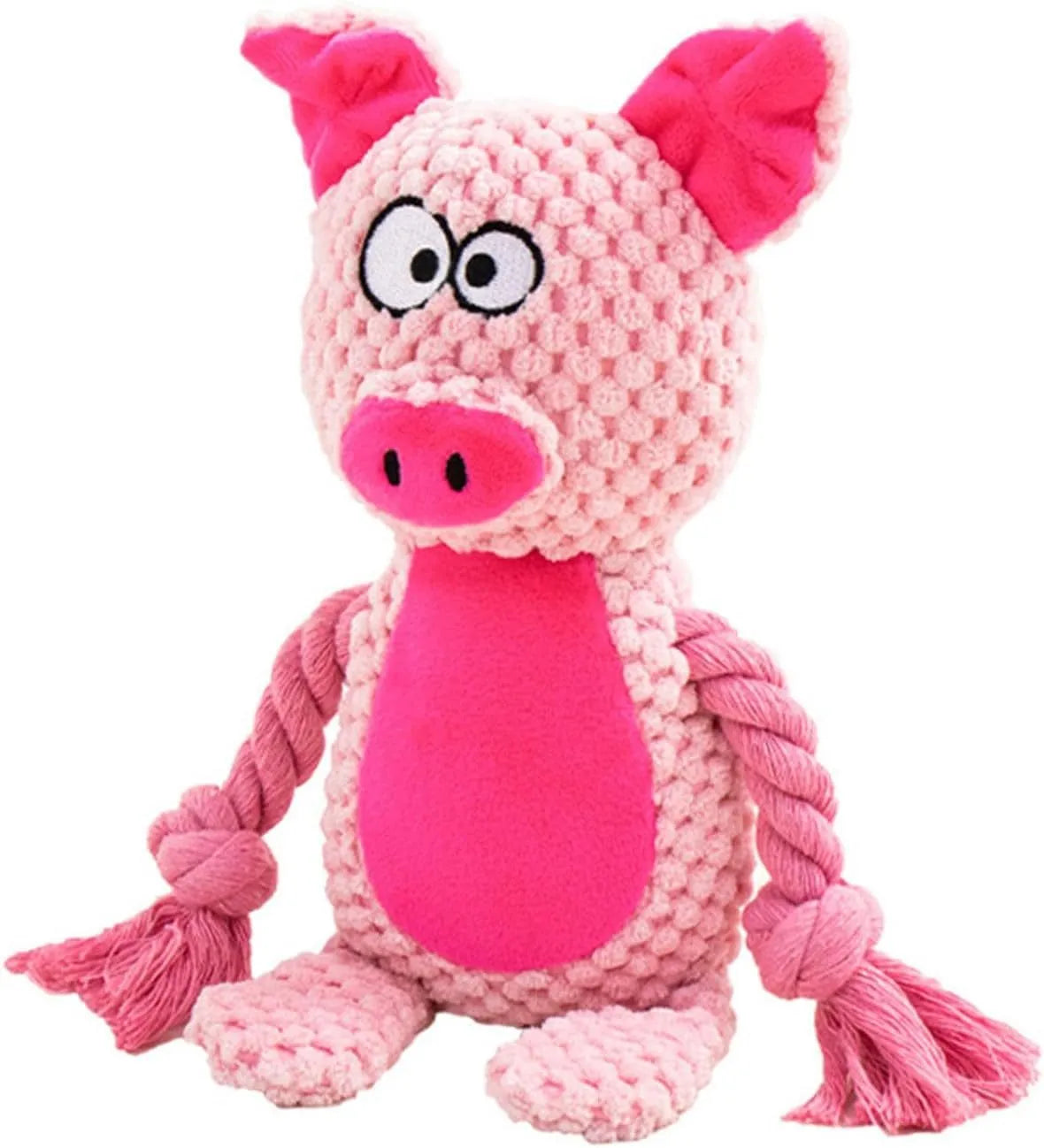 Plush dog toy with a cotton rope tail, shown in Elephant, Fox, Monkey, Pig, and Rabbit designs.