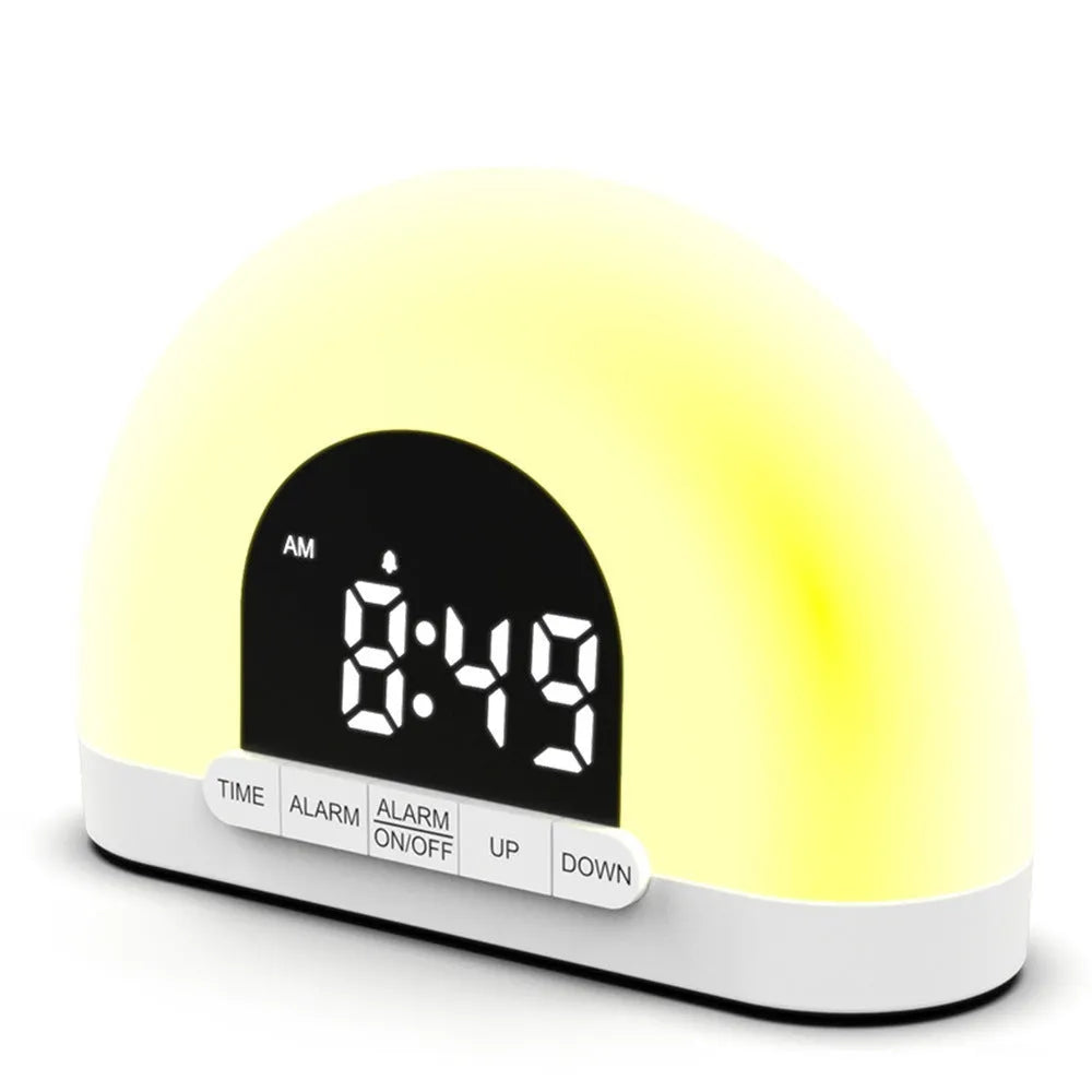 White display simulated sunrise alarm clock with ABS shell and DC cable on a bedside table