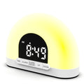 White display simulated sunrise alarm clock with ABS shell and DC cable on a bedside table