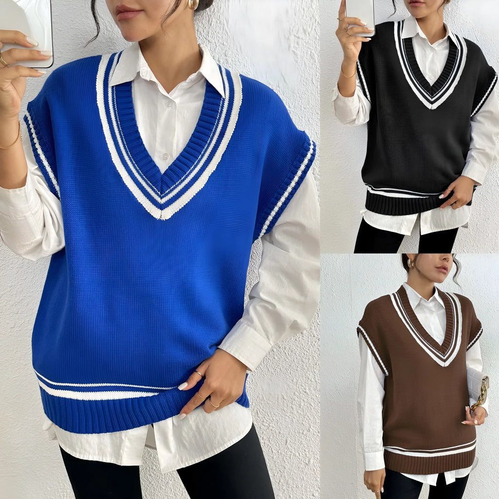 Women's loose casual vest sweater in college style with European colour matching