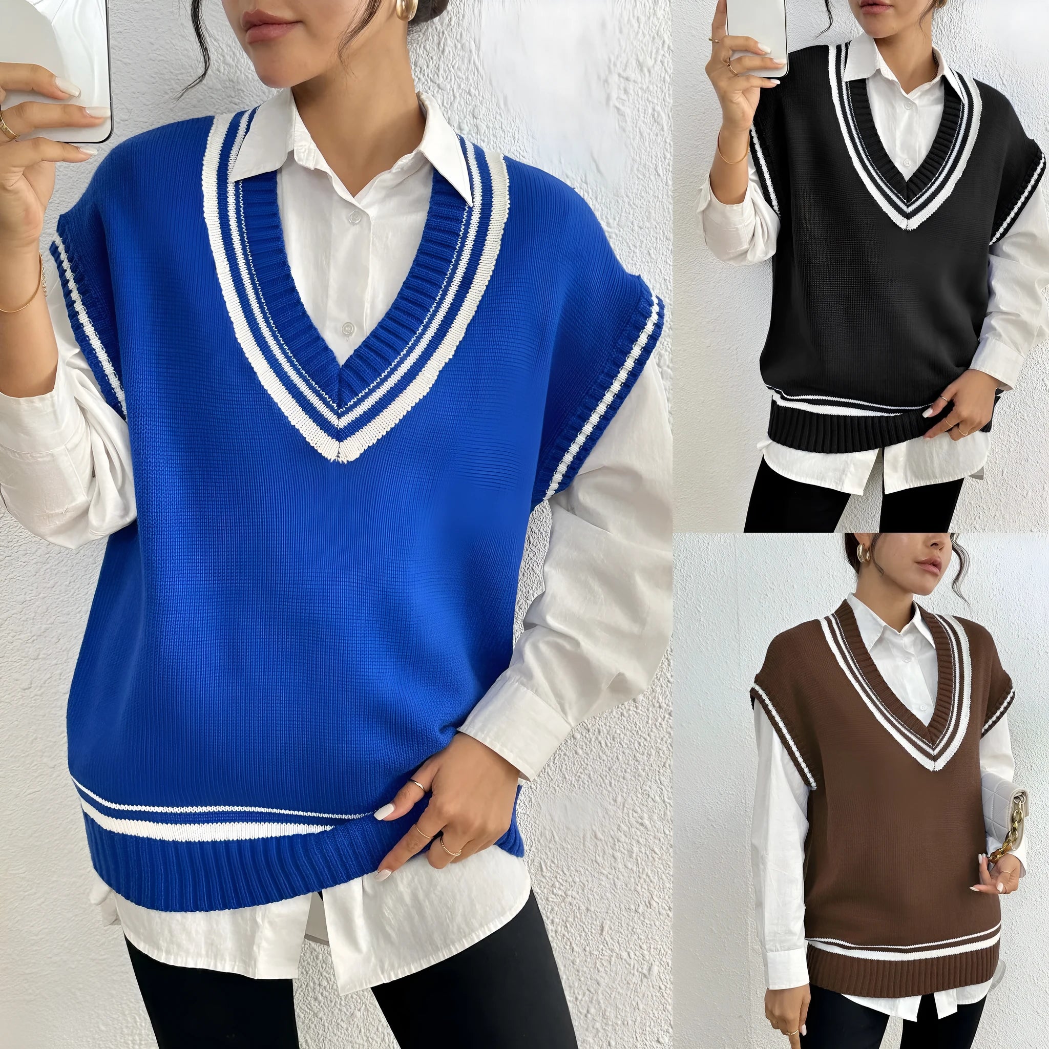 Women's loose casual vest sweater in college style with European colour matching
