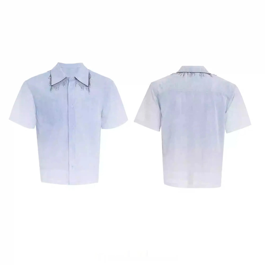 Blue loose fit short sleeve casual shirt on a hanger.