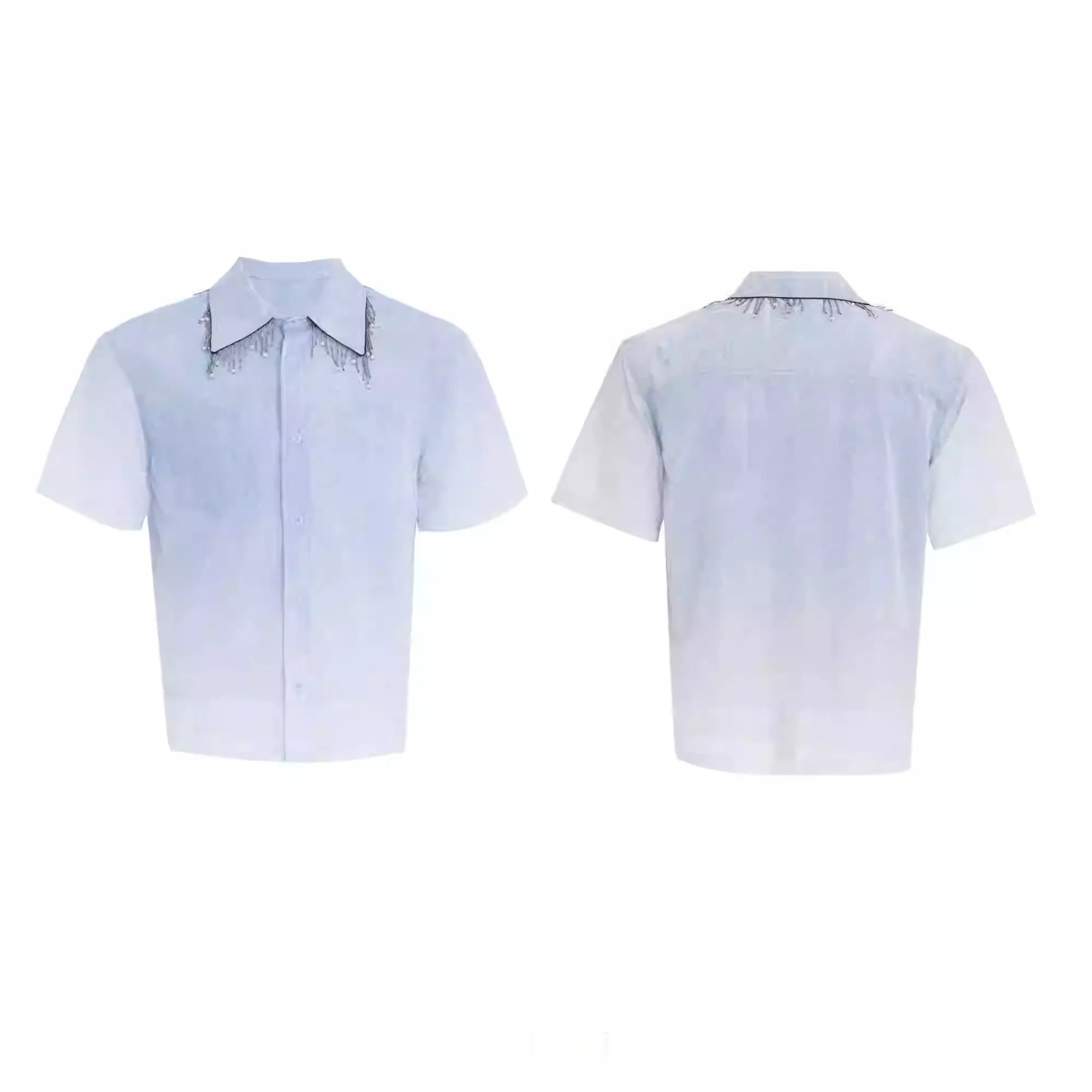 Blue loose fit short sleeve casual shirt on a hanger.
