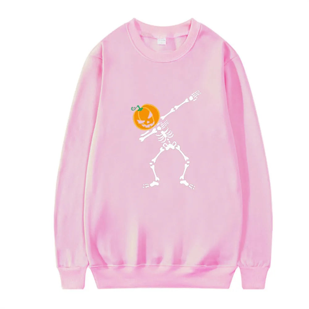 Women's black printed crew neck long sleeve cotton sweatshirt on a hanger.