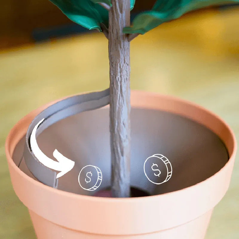 Simulation green plant coin bank money tree 3D printed in PLA, whole tree colour, approximately 15 cm tall