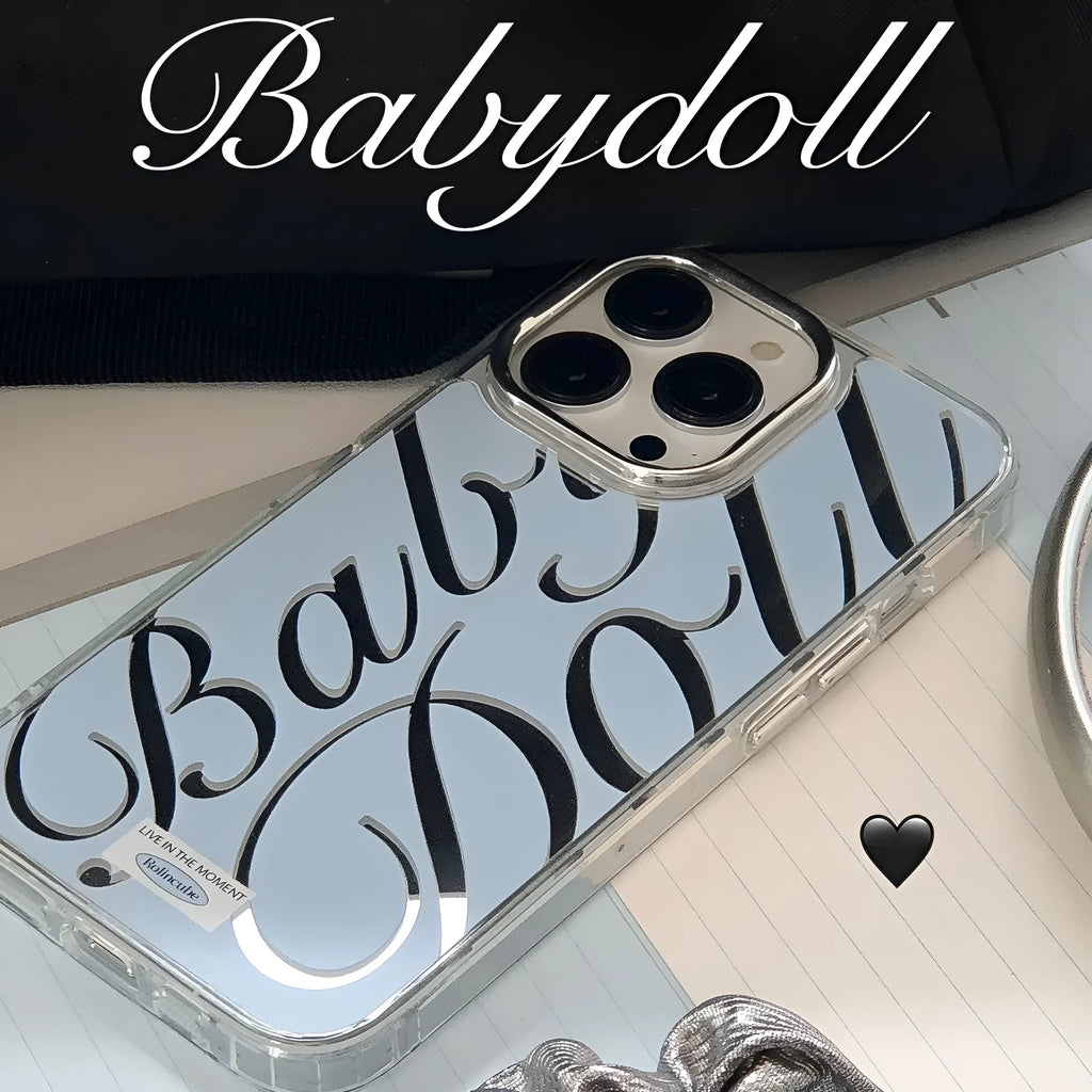 Transparent blue iPhone case with mirrored English letters and a frosted TPU finish.