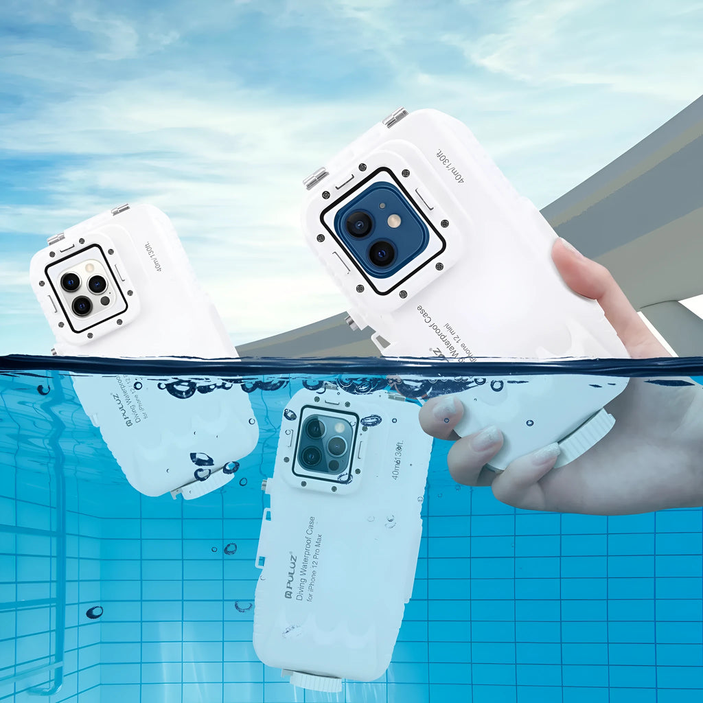 White waterproof diving phone case for iPhone 12 and 13 series, 40 metre depth rating