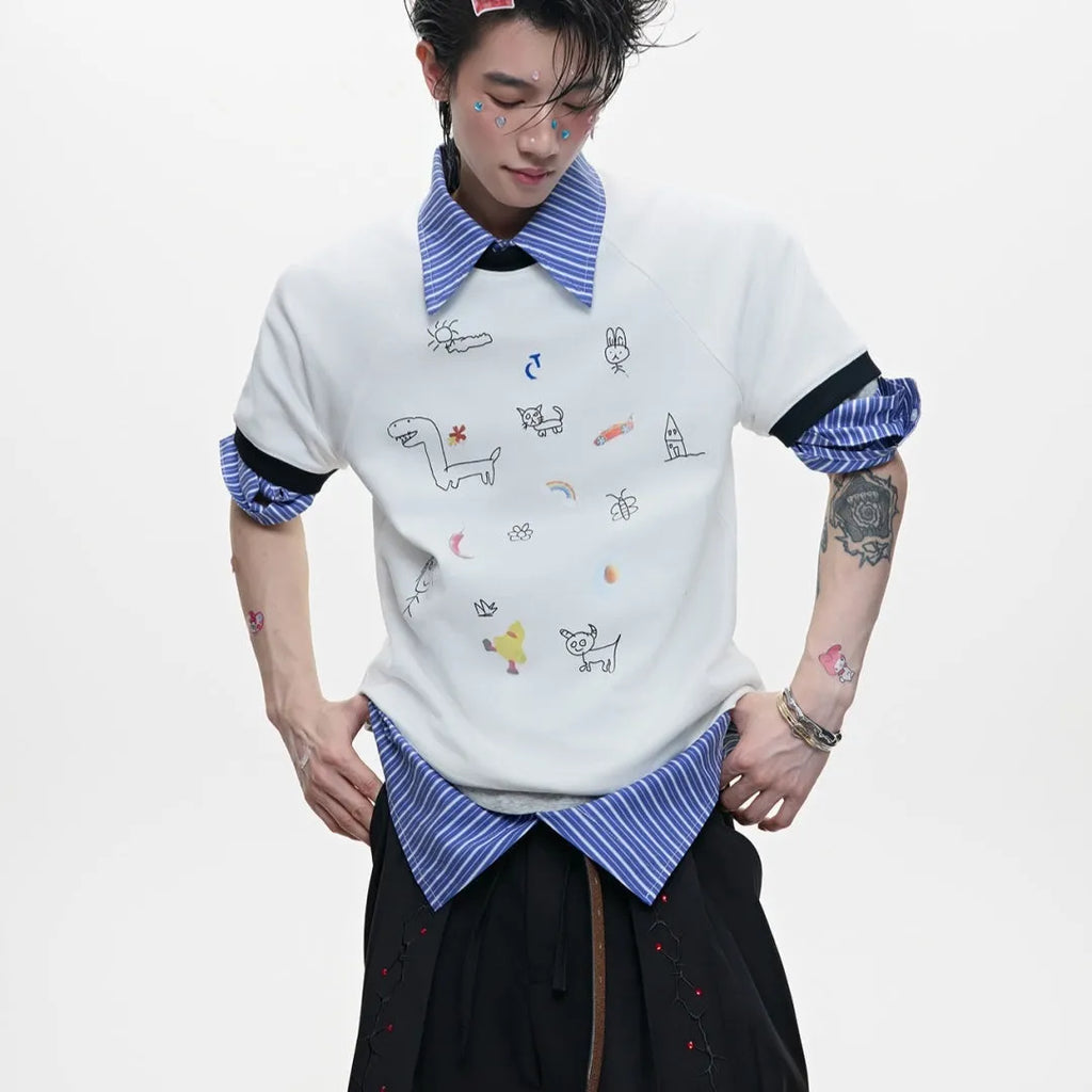 Man wearing a blue loose fit short sleeve shirt with a cartoon print design.