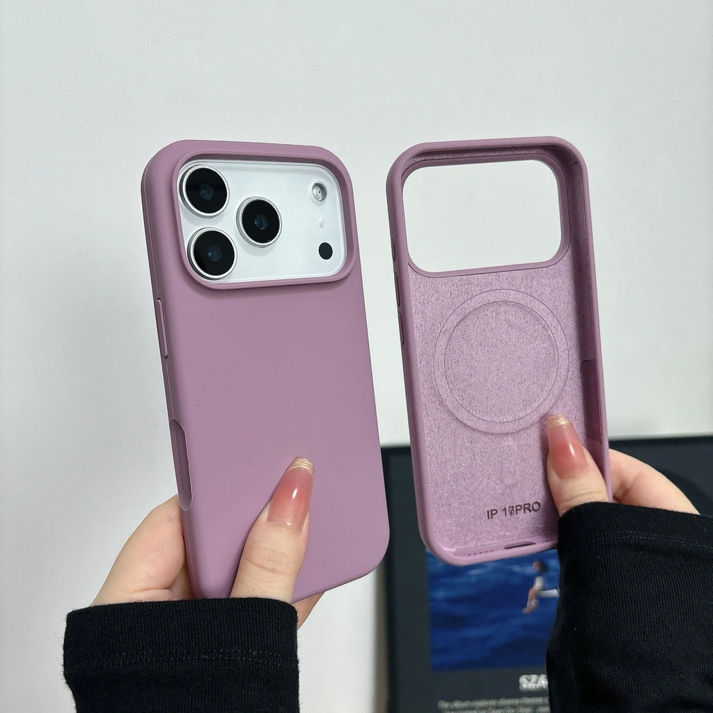 Liquid silicone magnetic charging phone case for iPhone in multiple colour options showing back cover design