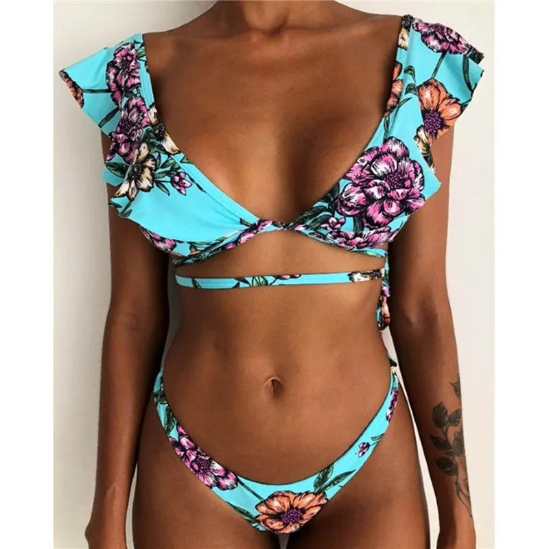 Women's yellow floral print bikini swimsuit with split design and multiple style options