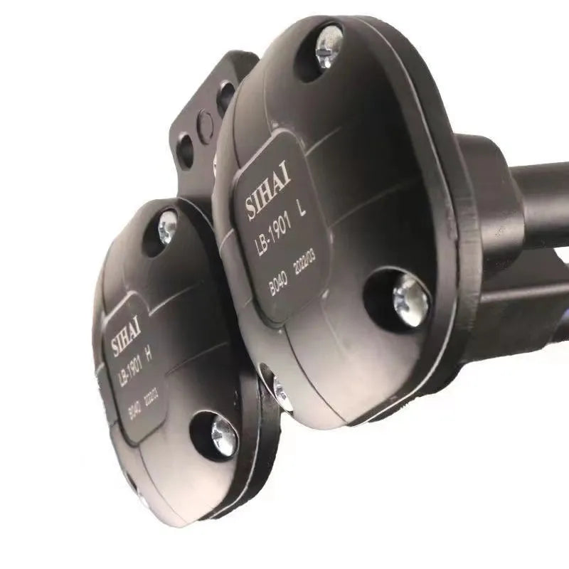 Black dual trumpet car air horn kit with compressor for 12V and 24V vehicles.
