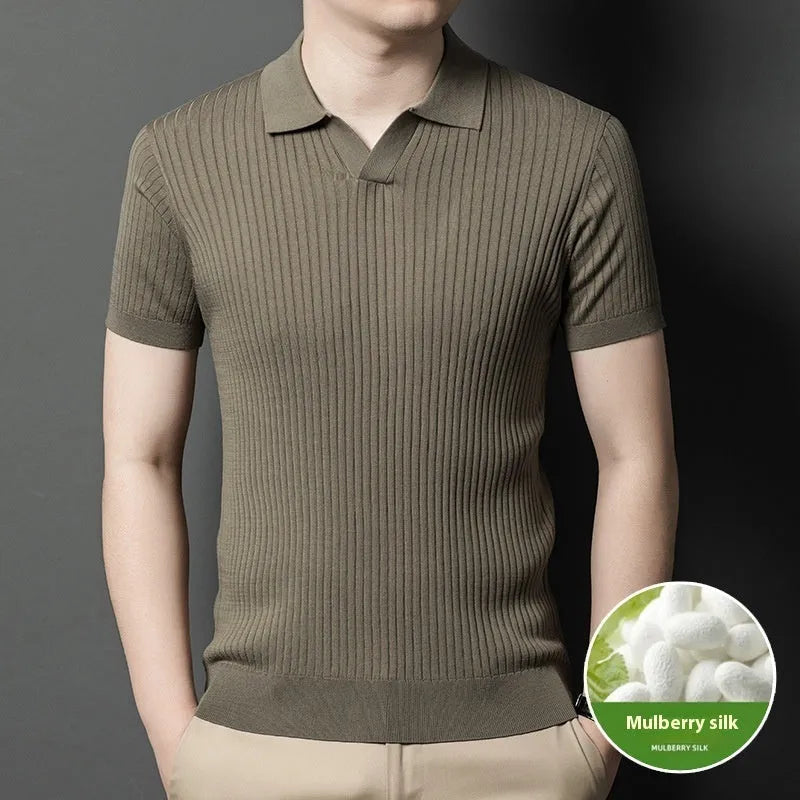 Men's striped mulberry silk T-shirt with lapel design in black colour showing short sleeves and straight cut