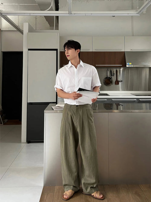 Army green polyester leisure trousers for men with drawstring waist and Japanese-inspired design