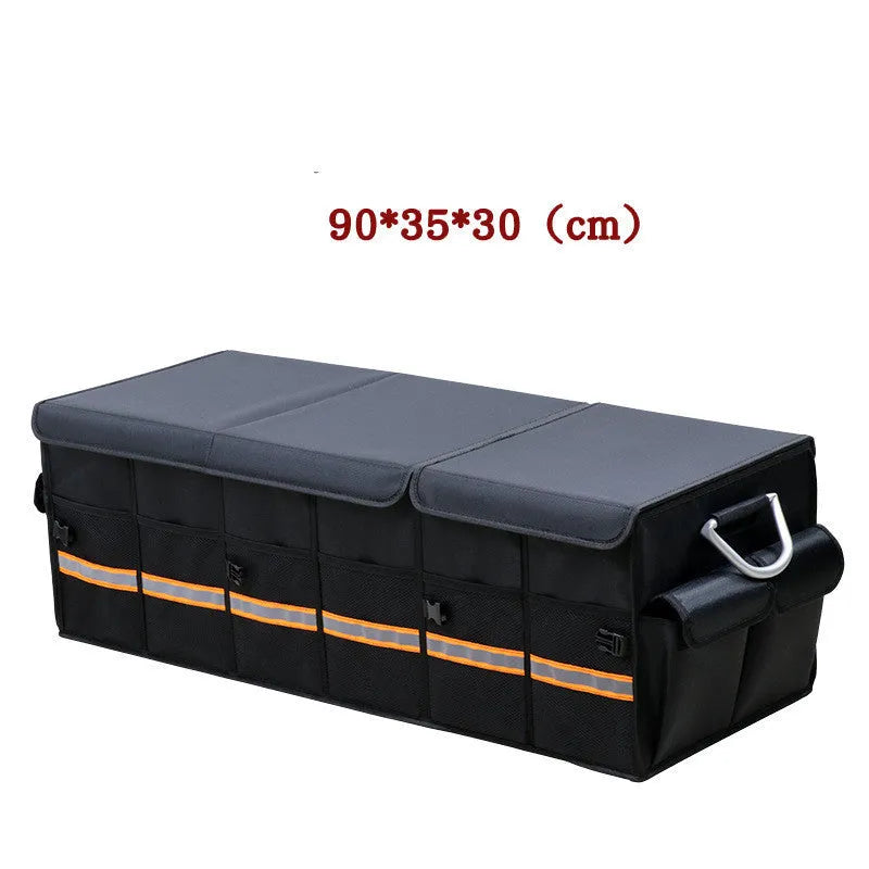 Black collapsible heavy-duty car trunk organizer with lid, dividers, and metal handles in SUV boot