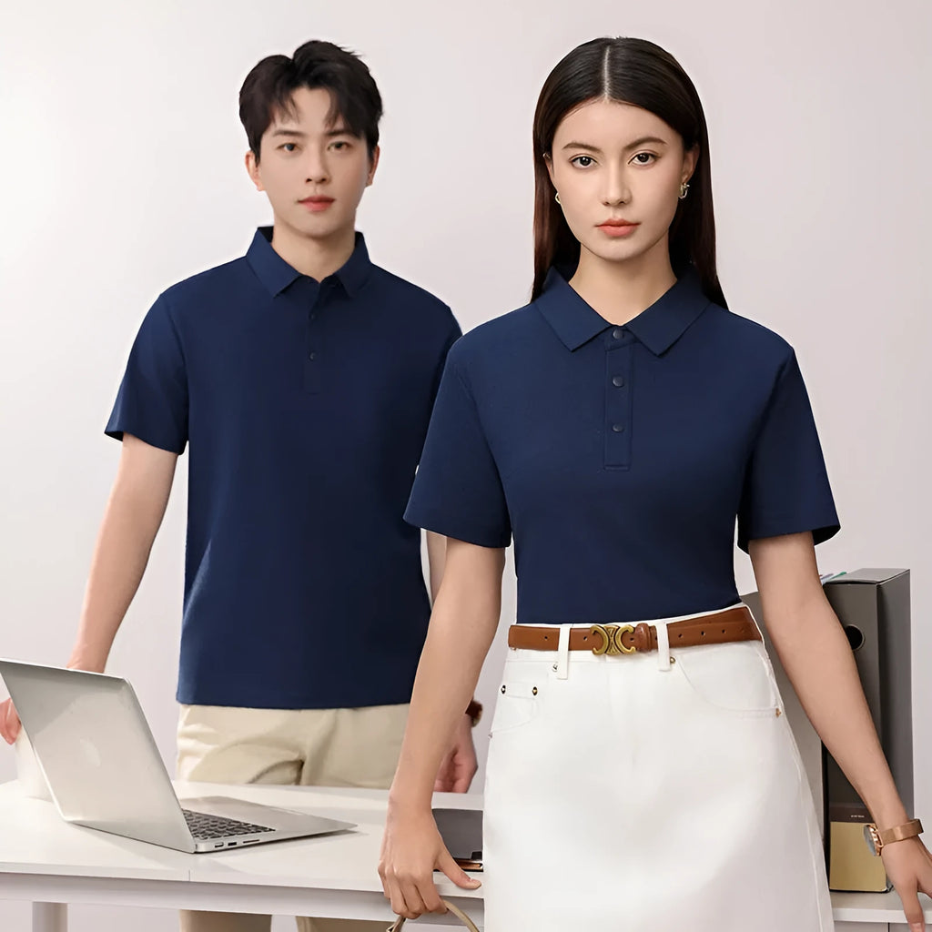 Short sleeve lapel collar polo shirt in solid colour cotton blend fabric on a hanger
