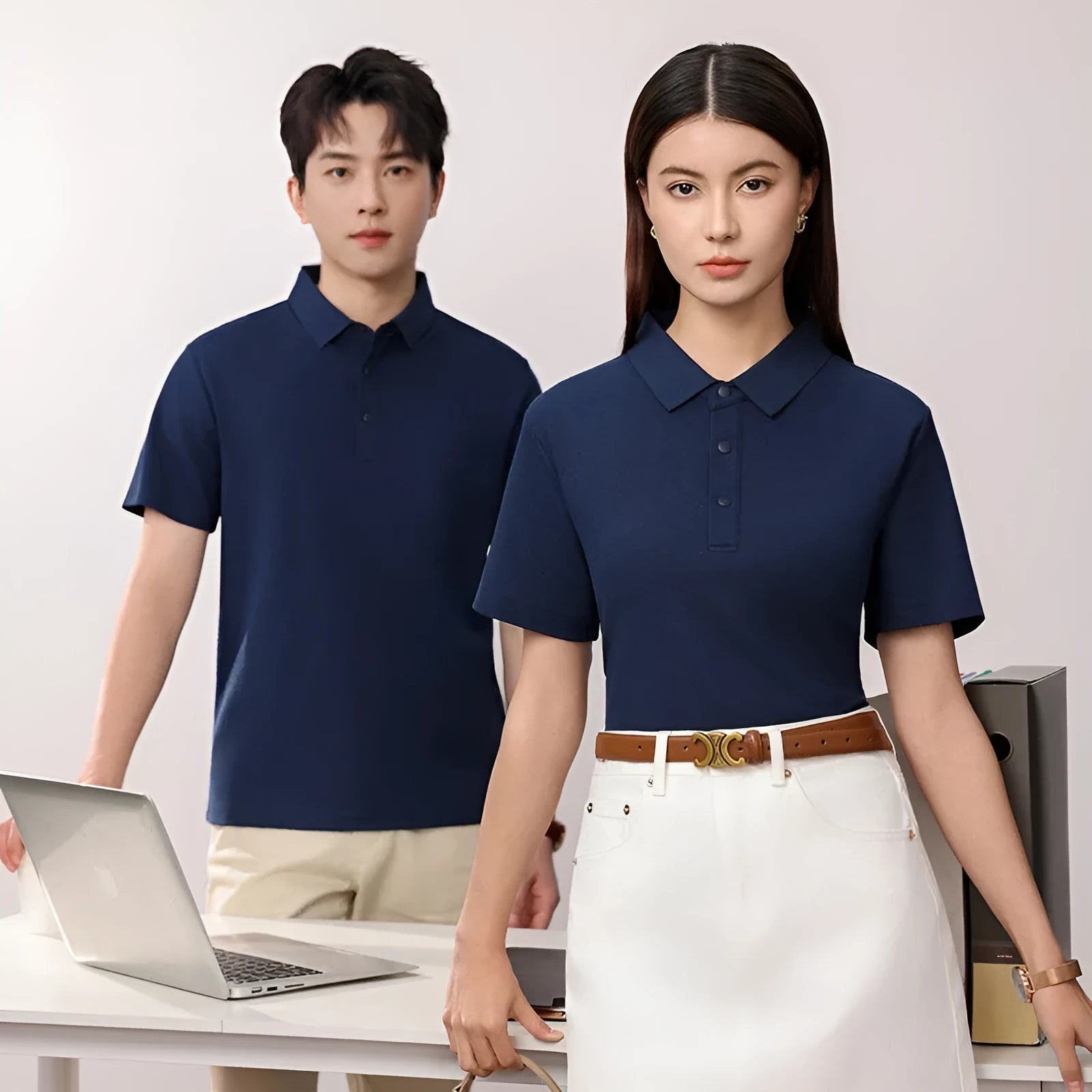 Short sleeve lapel collar polo shirt in solid colour cotton blend fabric on a hanger