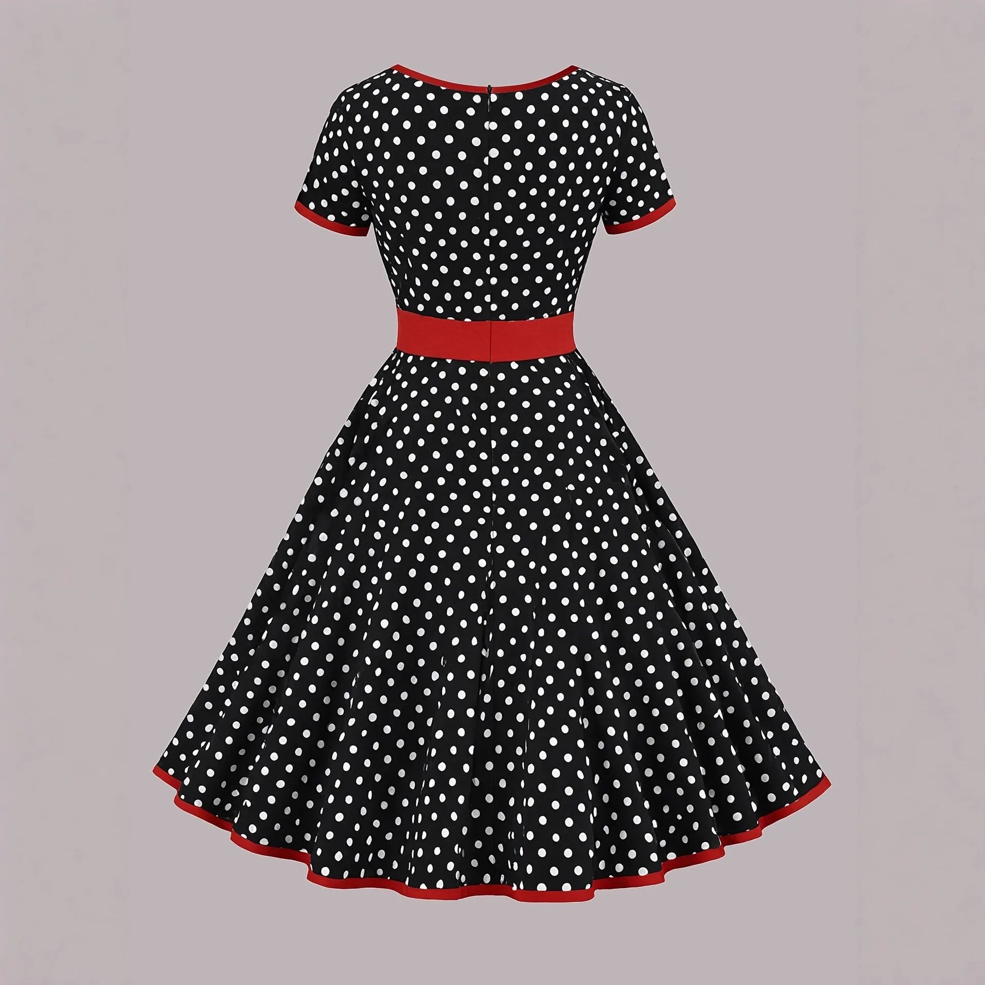 Multicolour polka dot dress with a square neckline, short sleeves, front zipper, and a pleated midi skirt on a hanger.
