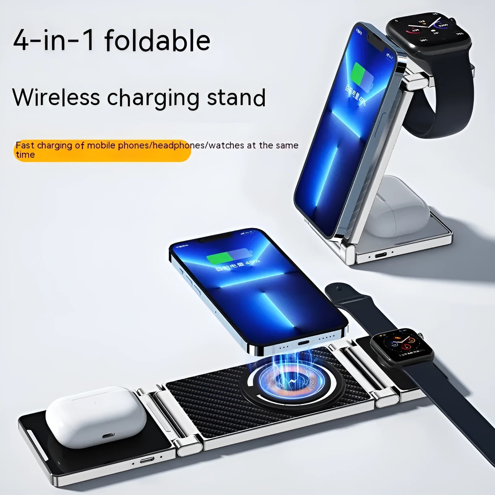 Multifunctional folding magnetic wireless charger four-in-one for Apple devices in black with phone, earphones and watch charging