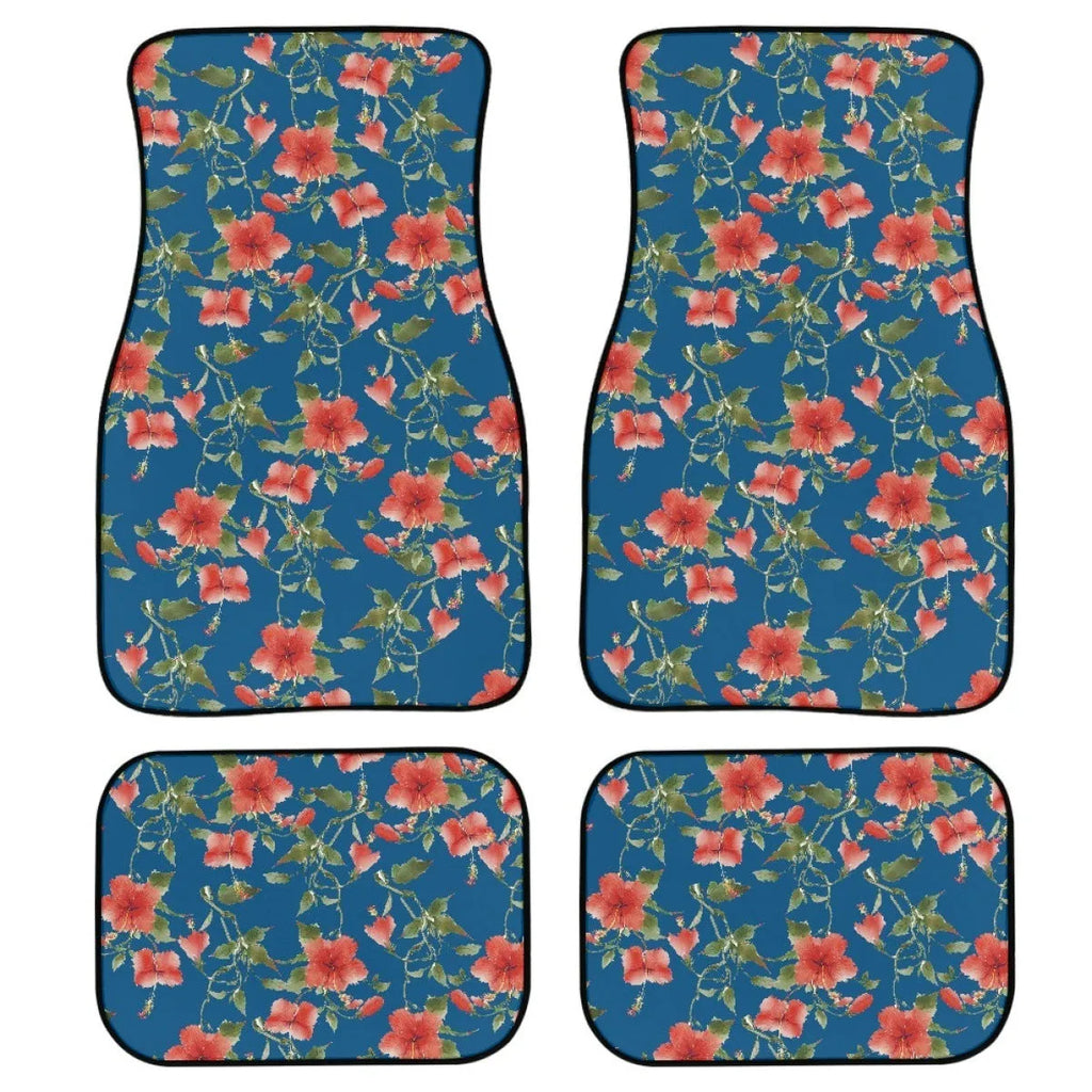 Black universal fit rubber car floor mats with textured surface and raised edges, shown in a vehicle footwell.