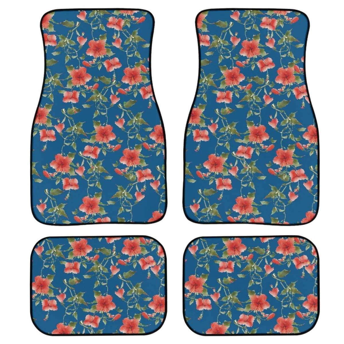 Black universal fit rubber car floor mats with textured surface and raised edges, shown in a vehicle footwell.