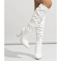 Women's pointed toe high heel boots with side zipper in white or pink colour options