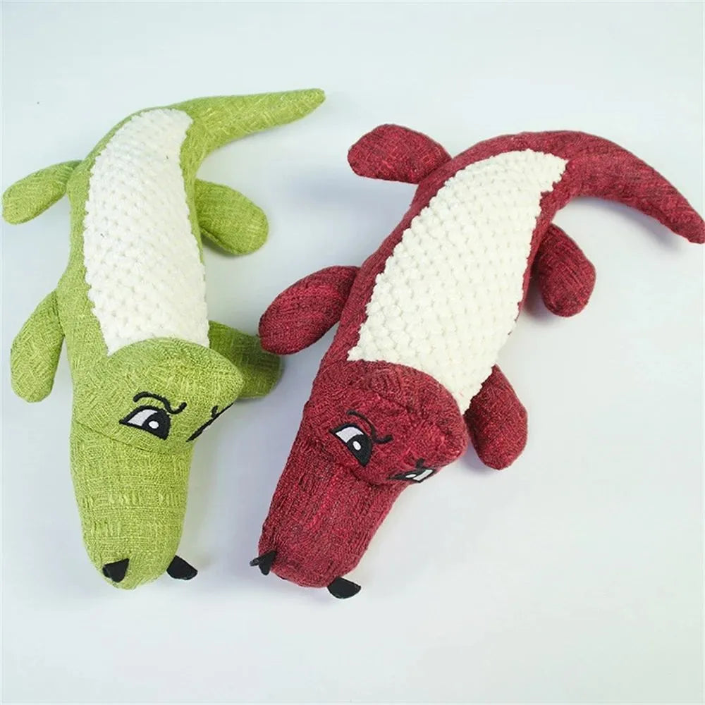 Plush squeaky dog chew toy, 29cm long, linen and PP cotton, blue red green