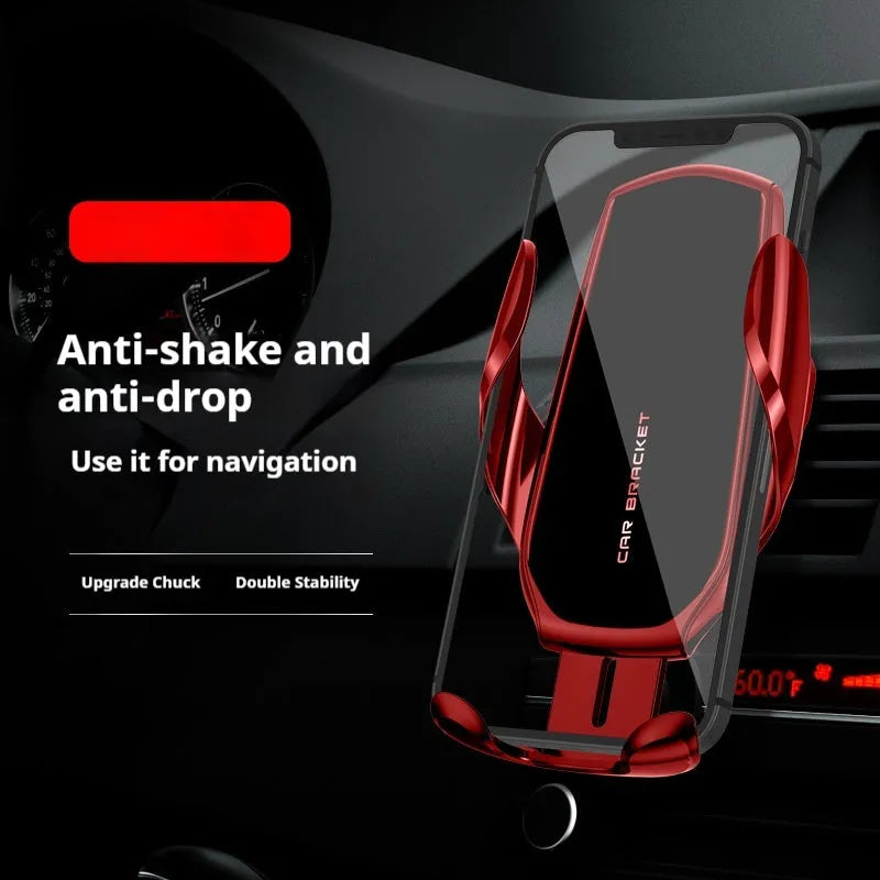 Car phone holder with wireless charging clipped to air vent, black colour
