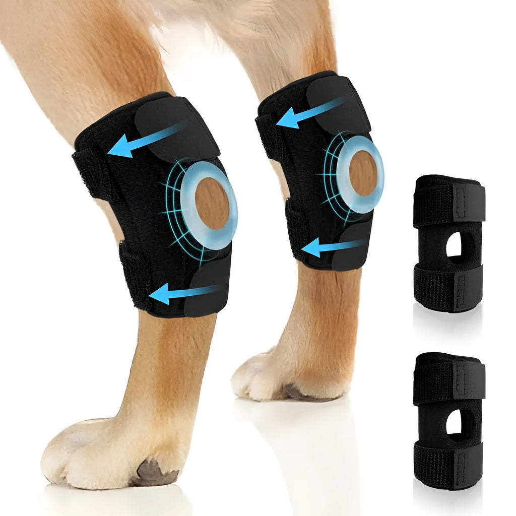 Black adjustable polyester pet leg guard for joint support and injury protection.