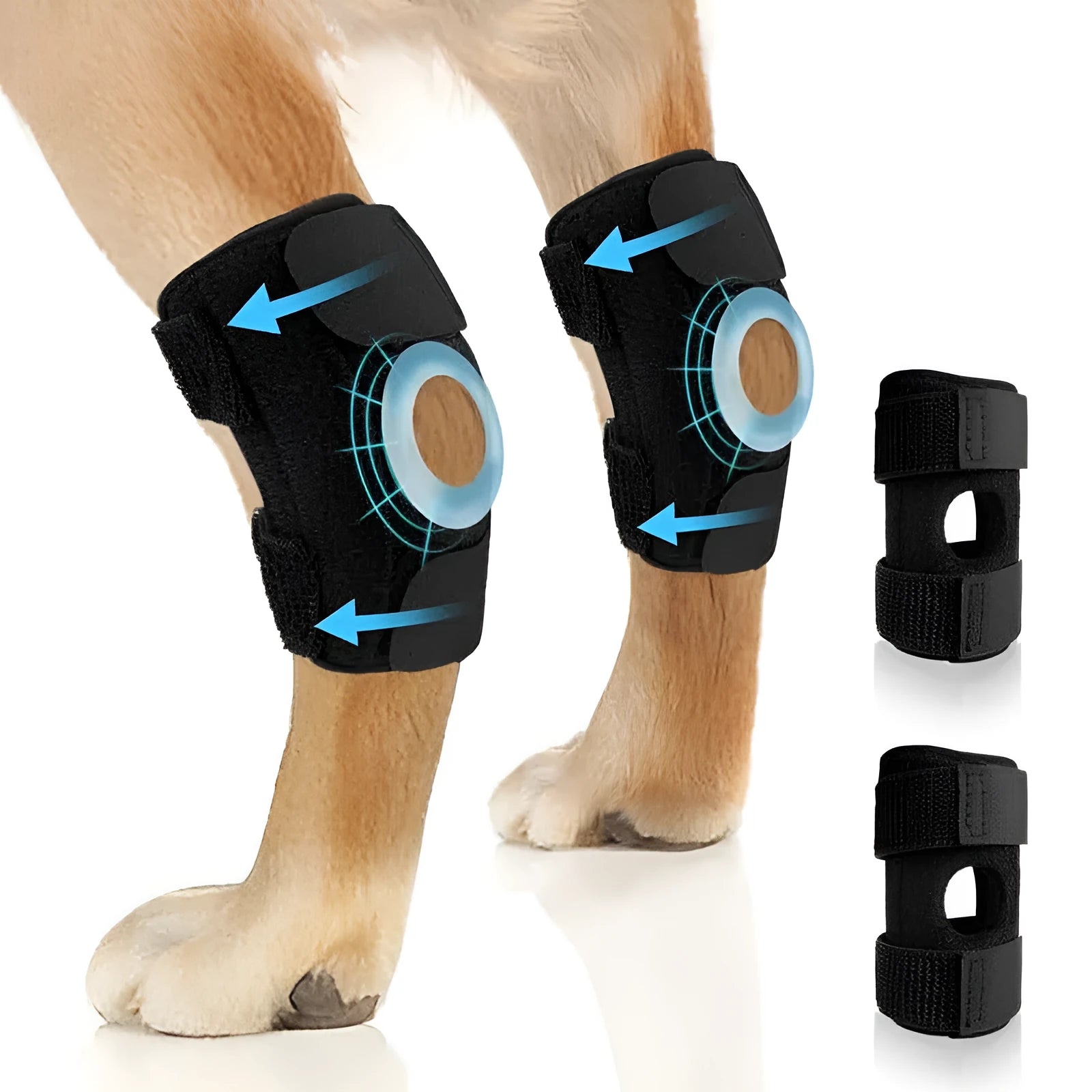 Black adjustable polyester pet leg guard for joint support and injury protection.