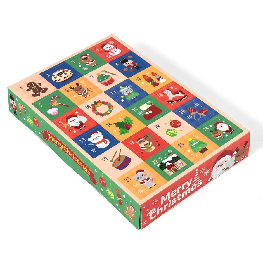 24-grid Christmas blind box with calendar spot stamp design, 25x17x4cm, on festive background