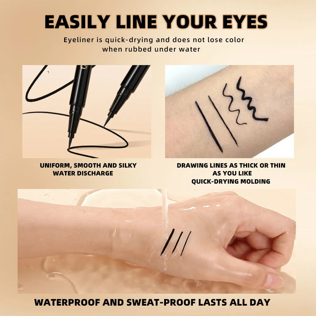 Black waterproof liquid eyeliner pen with smudge-resistant quick-drying formula