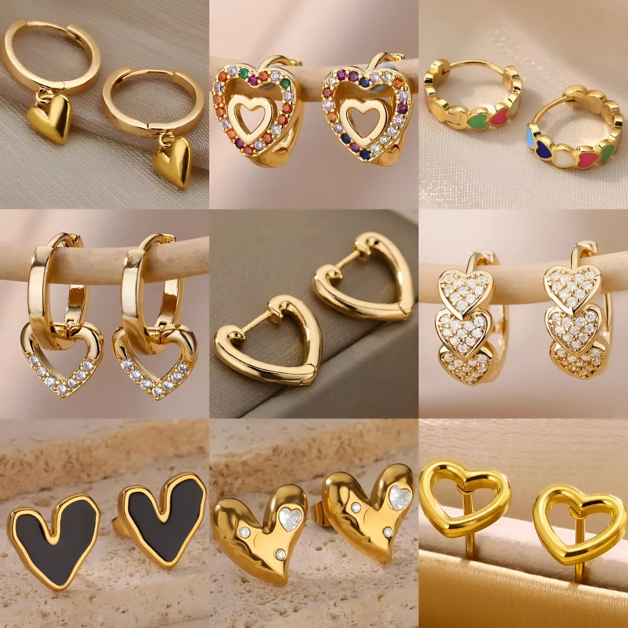 Gold-coloured heart-shaped clip-on stud earrings with a central zircon stone for women.