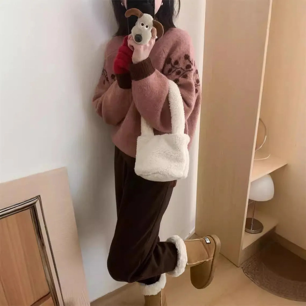 Korean style round neck jacquard colour matching loose knitted pullover sweater in apricot, grey, or brown, average size
