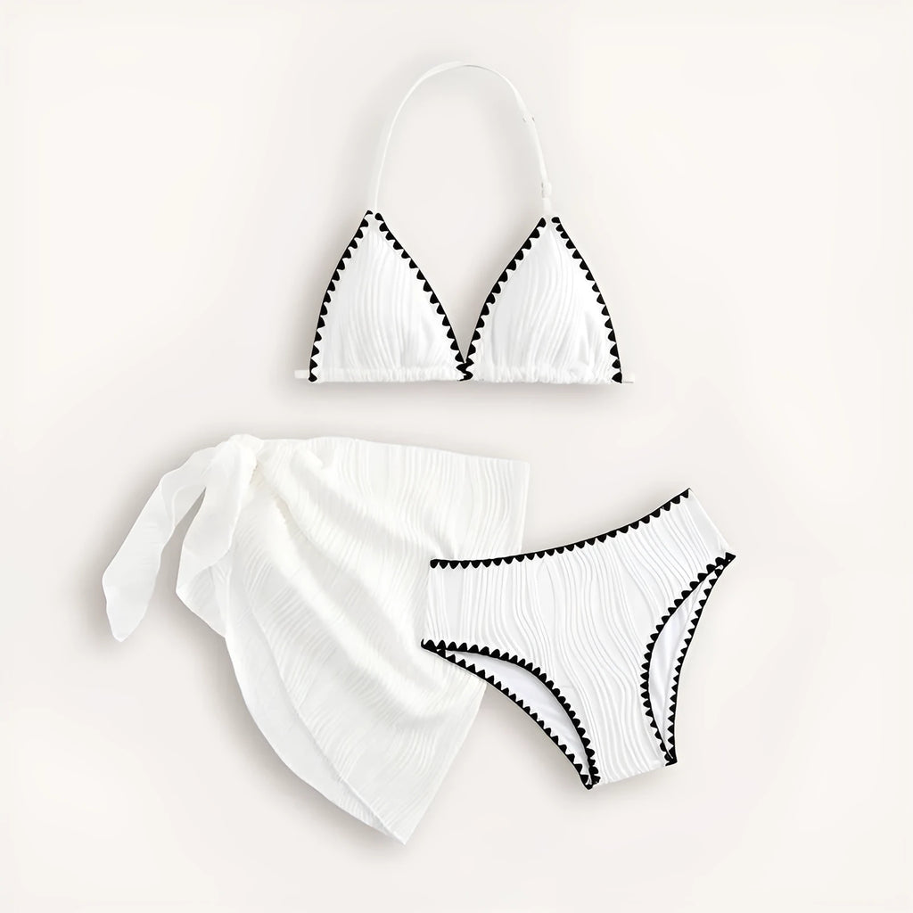 White solid colour three-piece swimsuit set for girls with top, pants, and skirt