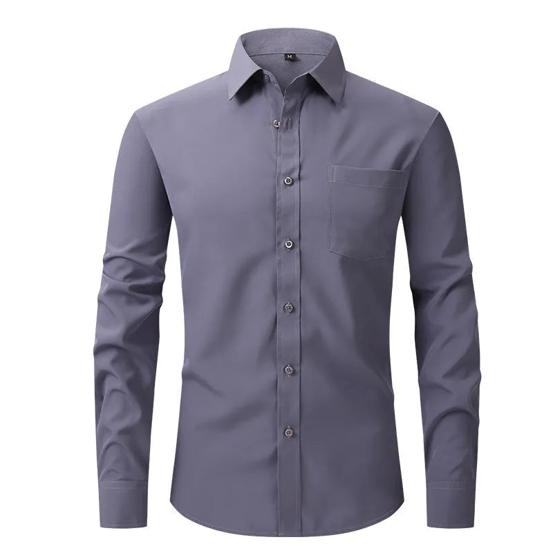 Casual long sleeve business blouse for men, 40-thread polyester, Pearl White colour, front view flat lay.