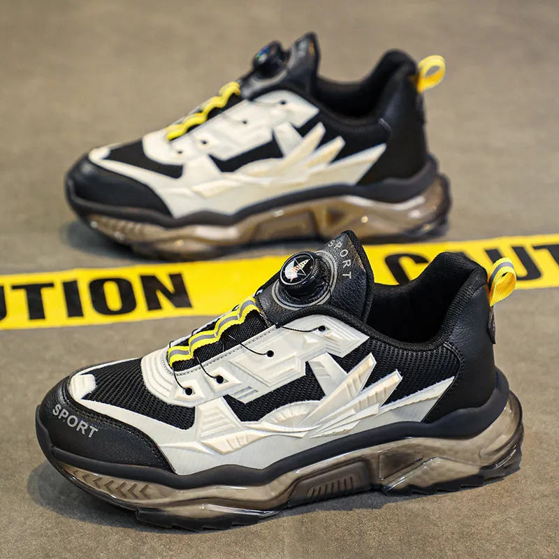 Men's black rotating button dad shoes with platform soles and mesh upper for height-increasing casual wear