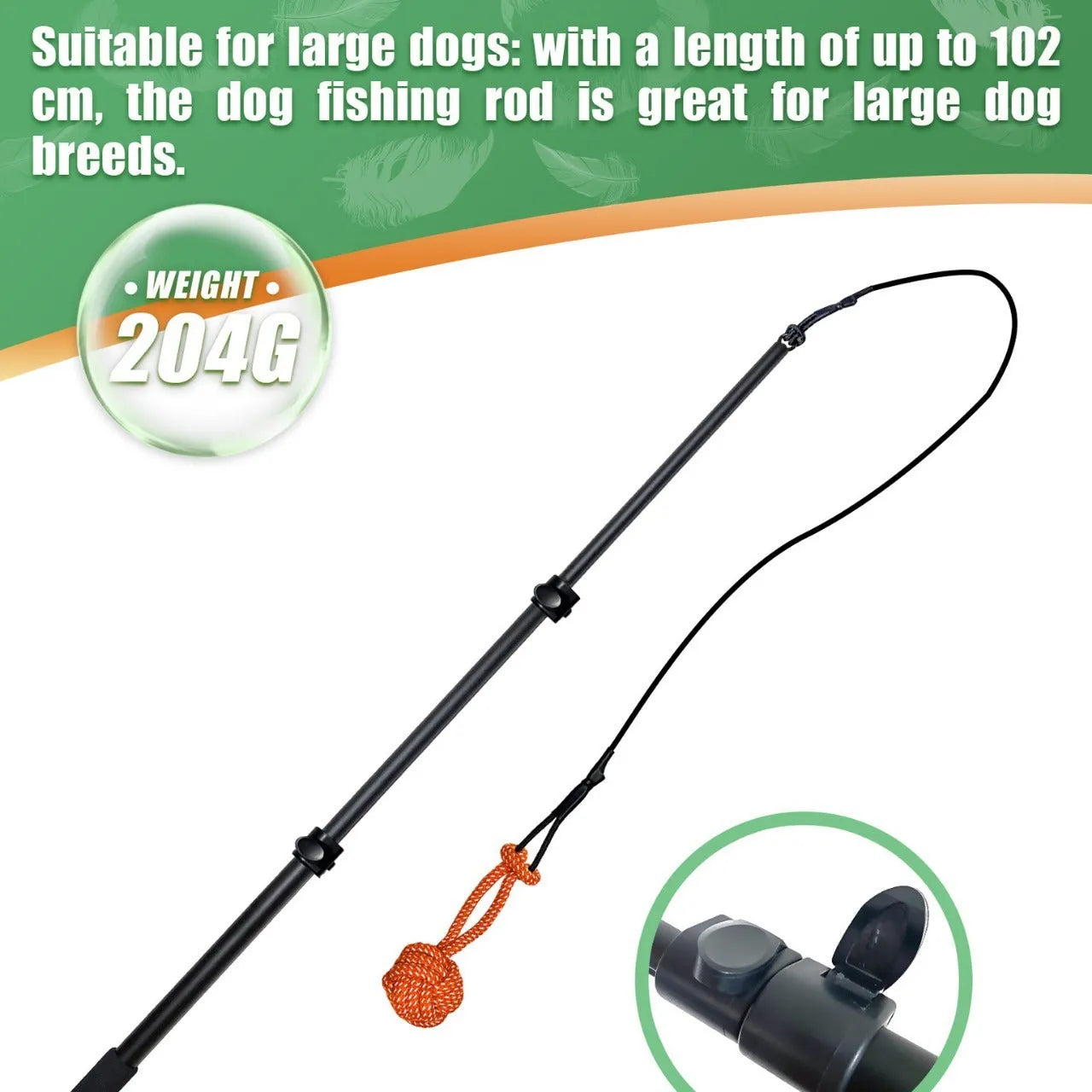 102cm black three-section aluminium alloy telescopic dog teasing rod with two bite ropes and one ball on a white background