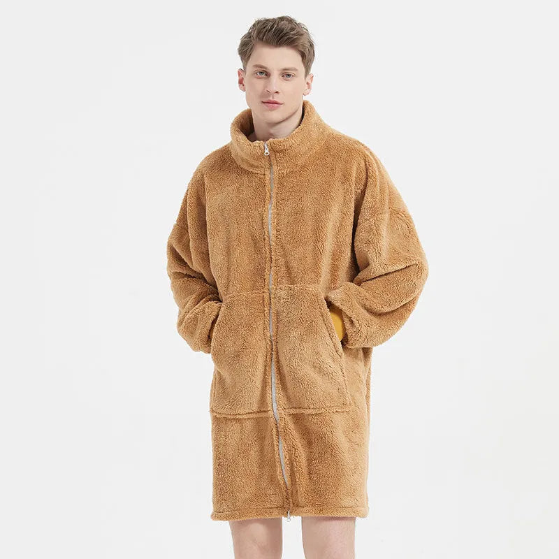Men's camel polar fleece zipper cardigan nightgown with round neck on a hanger