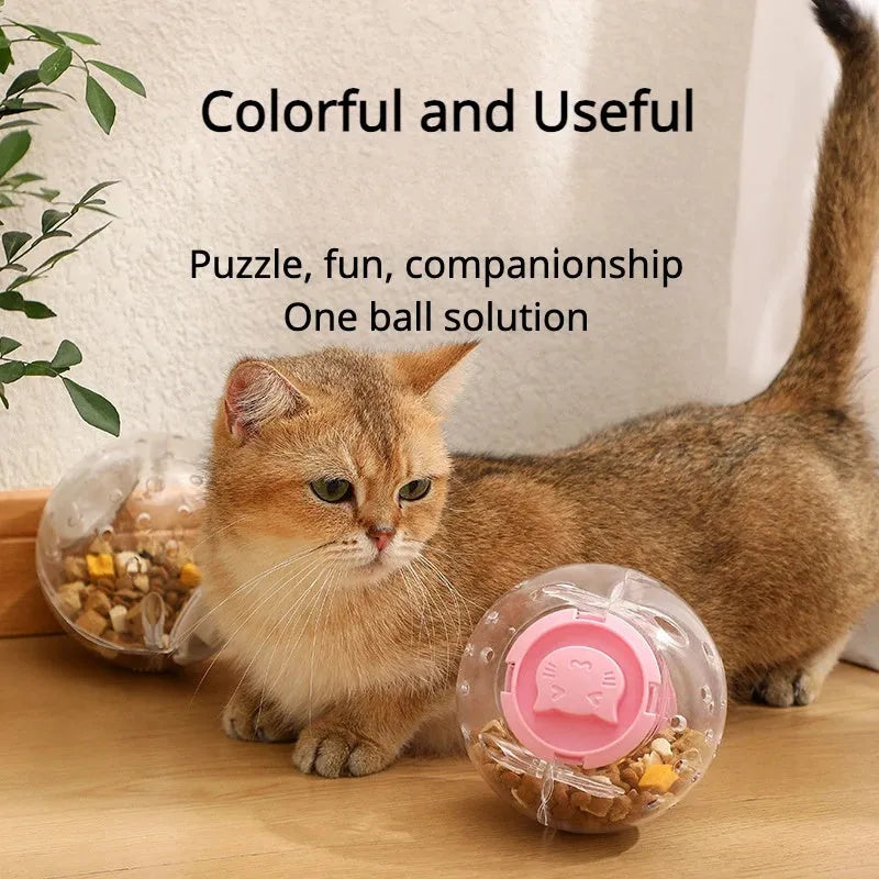 Blue ABS plastic cat slow feeder ball toy with visible treat holes on a white background.