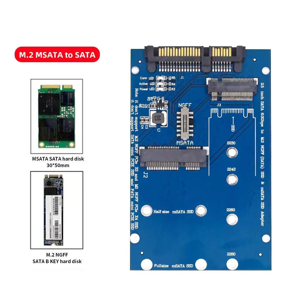 Black and blue SATA3 to M.2 NGFF mSATA SSD adapter conversion card on a static bag.