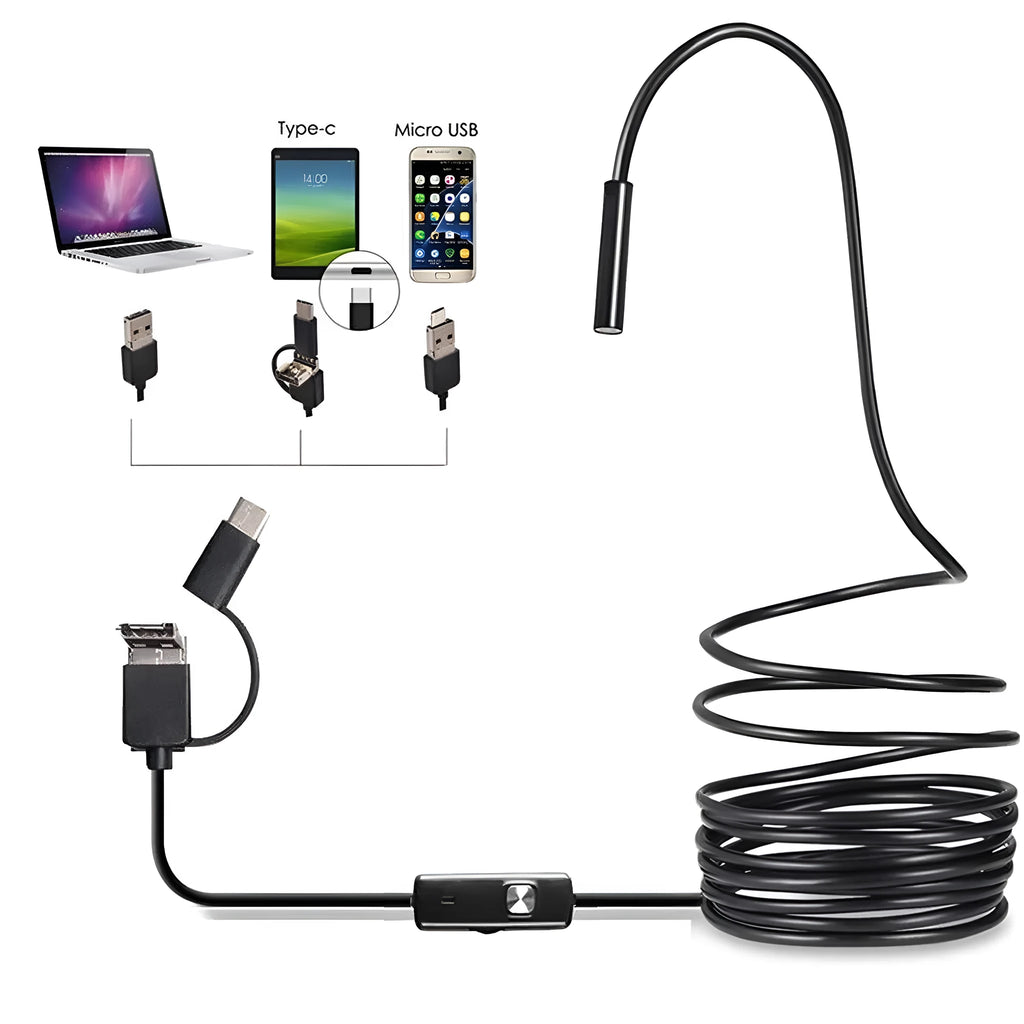 USB-C endoscope with small camera probe, magnet, hook, and side mirror attachments on a table.