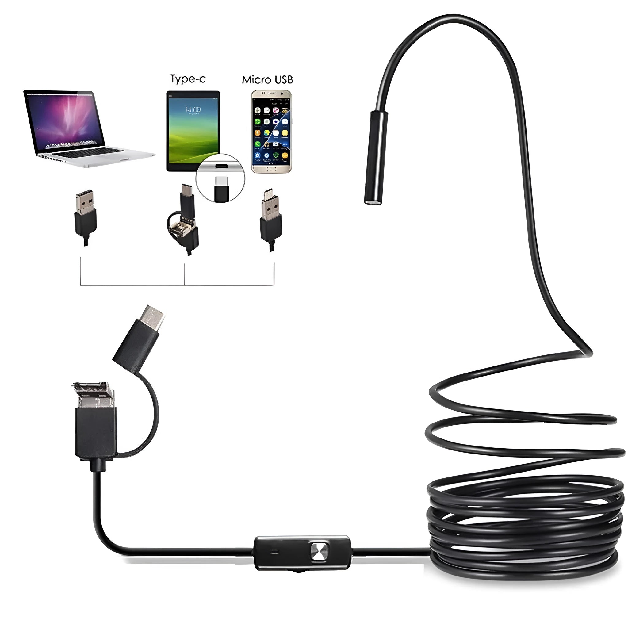 USB-C endoscope with small camera probe, magnet, hook, and side mirror attachments on a table.