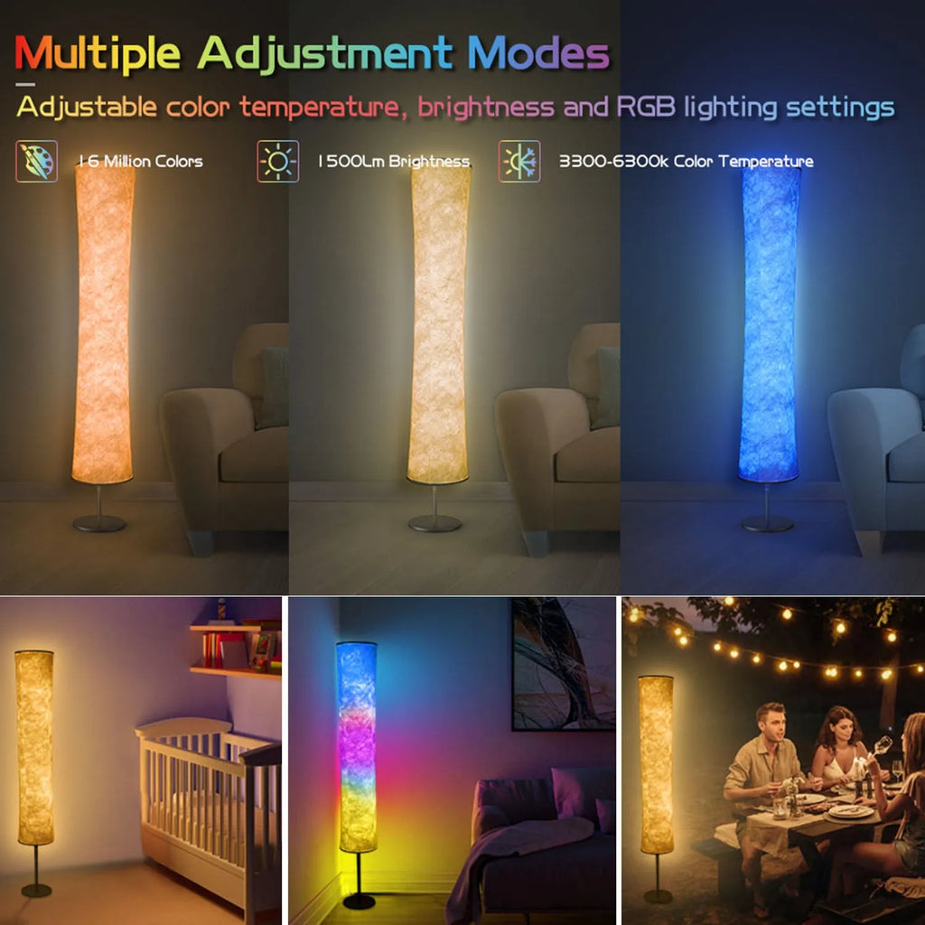 RGB fabric circular atmosphere floor lamp with remote control and 90 LED beads in a living room setting