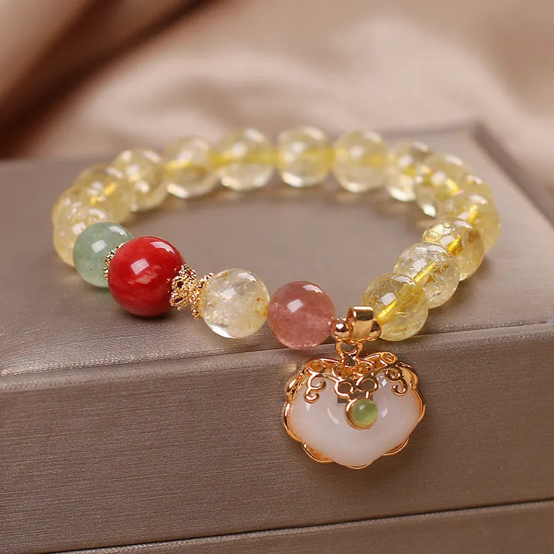 Natural citrine jade Ruyi pendant bracelet for women with yellow hair crystal patterns on alloy chain