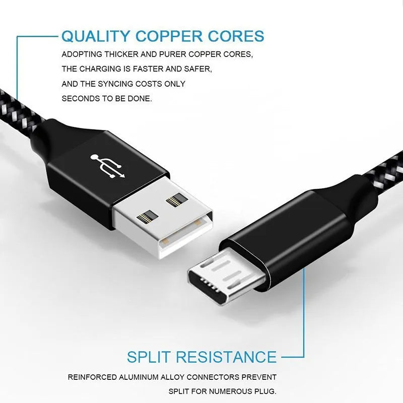 Braided fast-charge Micro USB data cable for Android phones in black and red colour
