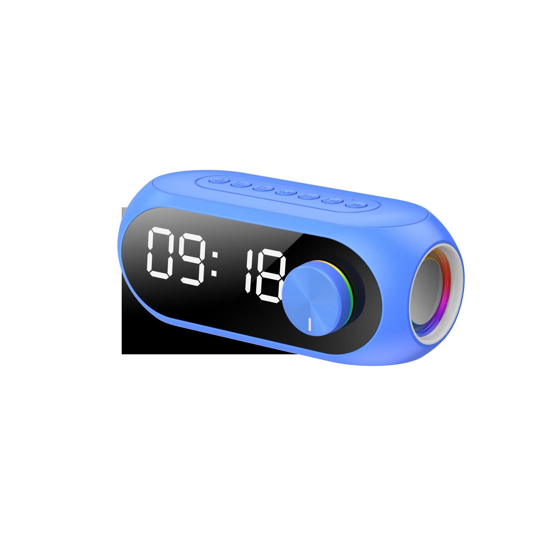 Extra bass portable mini clock Bluetooth speaker in black, blue, or white with USB charging cable.
