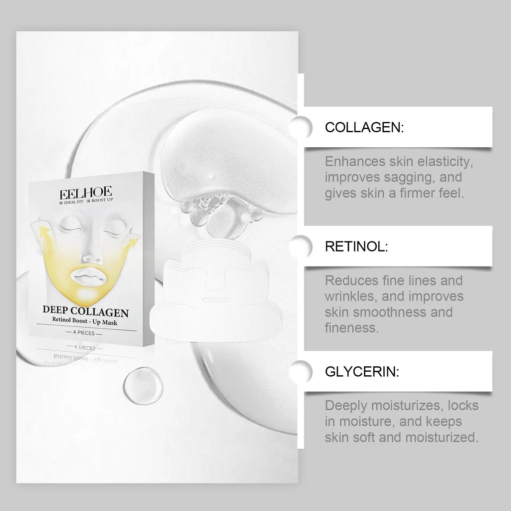 Four collagen tightening facial masks showing 23.5 x 16.8 cm dimensions