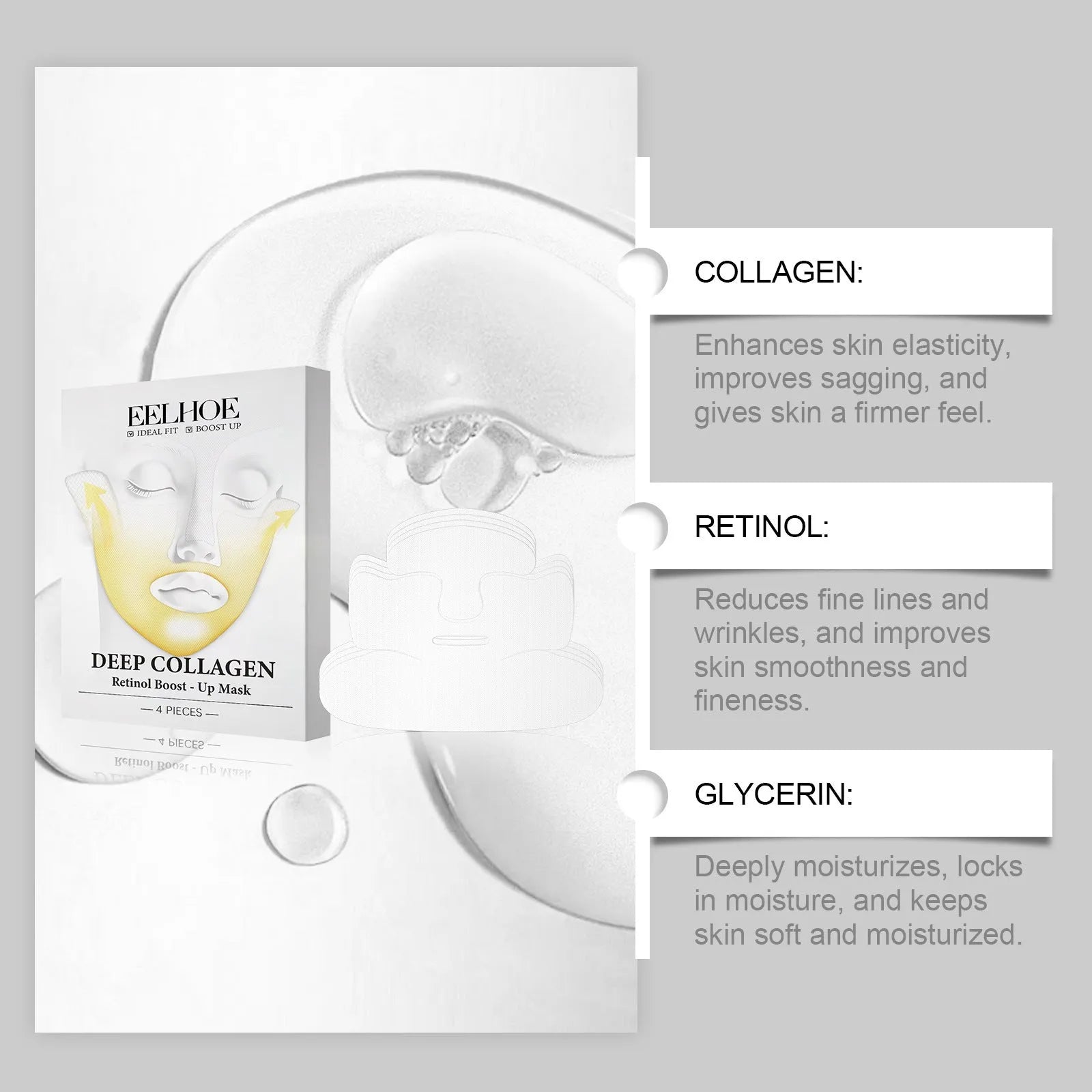 Four collagen tightening facial masks showing 23.5 x 16.8 cm dimensions