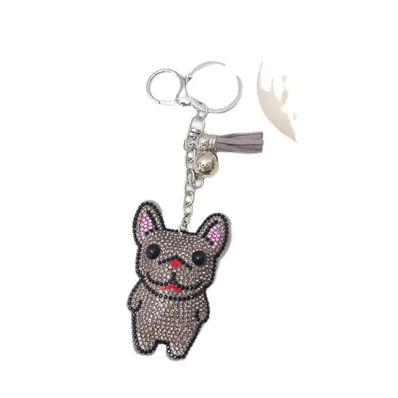 French dog cartoon rhinestone keychain with diamond tassel in alloy, colours white gray caramel lake blue