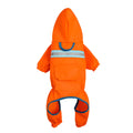 Pet reflective raincoat in orange on a small dog with reflective strip visible on the back